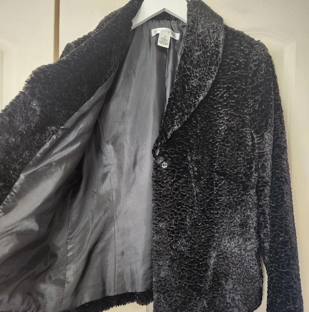 Pursuits Faux Karakul Fur Black Plush Soft Textured Flattering  Coat Sz 10